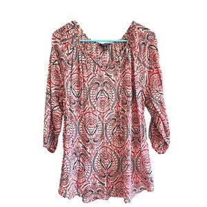 Chaps Black and White Paisley Print Bohemian Blouse - Size Large